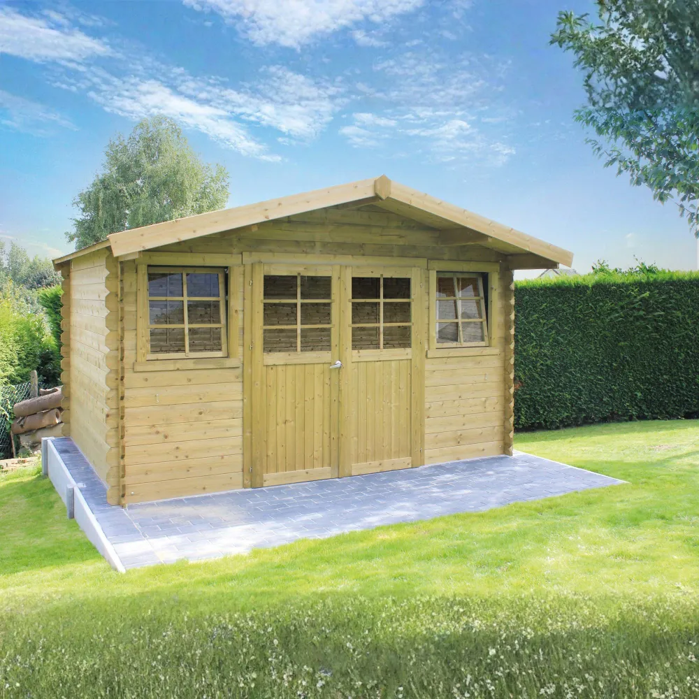 Tuinberging Dole – 3,88 x 2,98 m – Gecertificeerd Noord-Europees vuren – Dubbele deur met ramen - Geïmpregneerd hout