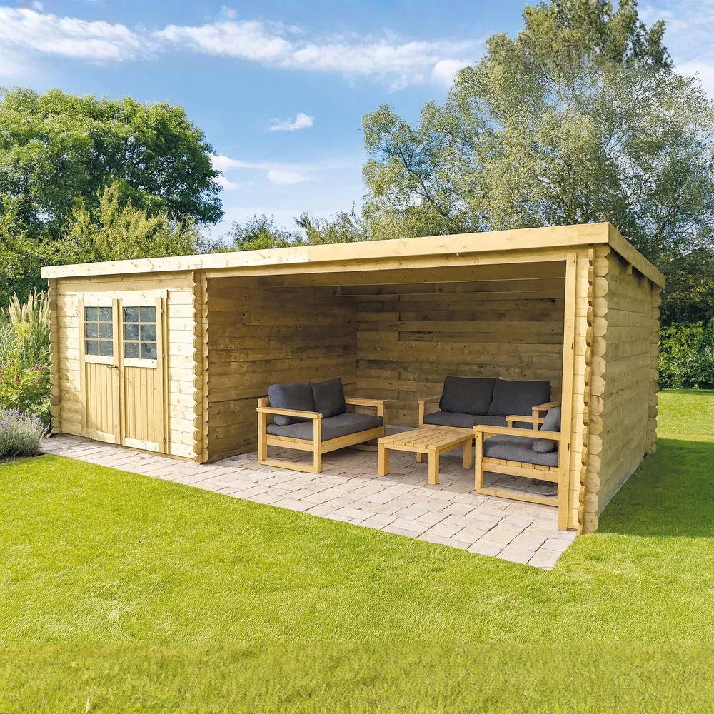 Tuinhuis Rohan – met terras – 2,98 x 2,98 + 3,61 m – gecertificeerd Noords vurenhout – plat dak – dubbele deur met ramen -...