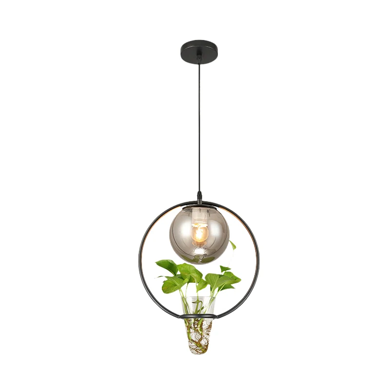 Ball Smoke Asgrijs Glass Ceiling Light Warehouse 1 Light Restaurant Pendant Black/Grey/Gold Iron Ring and Plant Cup Grey
