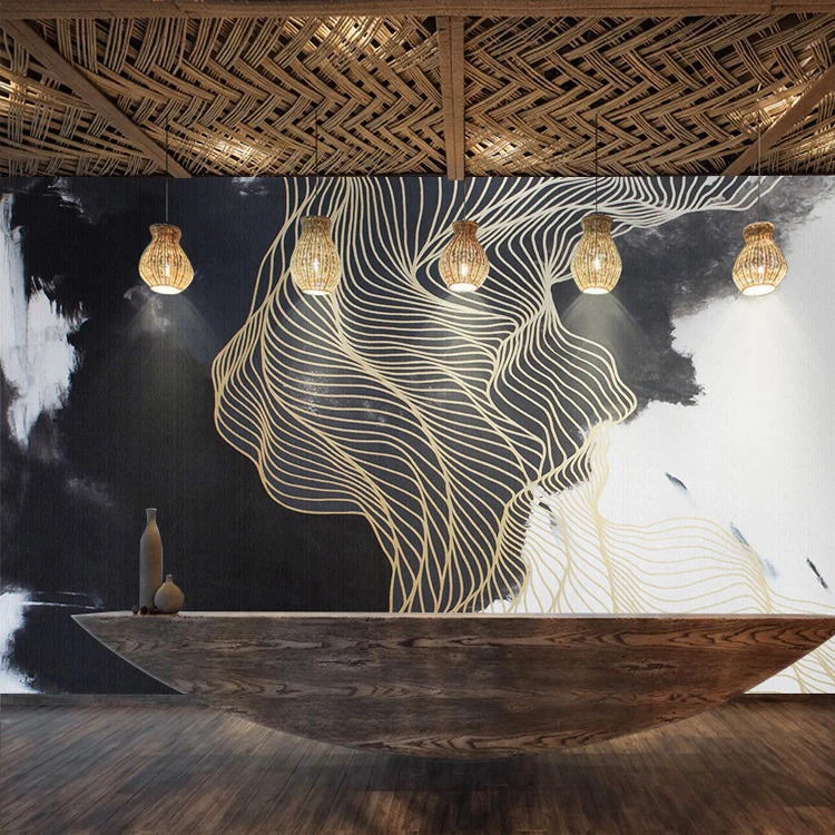 Breed Unique Murals Accent Wall Classic Chinese Sun and Mountain and Trellis, Customized Size Available Black