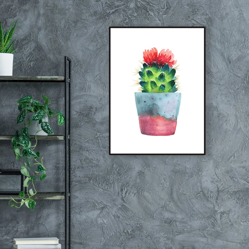 Cactus Bonsai Wanddecoratie Eigentijds getextureerd salon Verpakt canvasdoek zachte kleuren