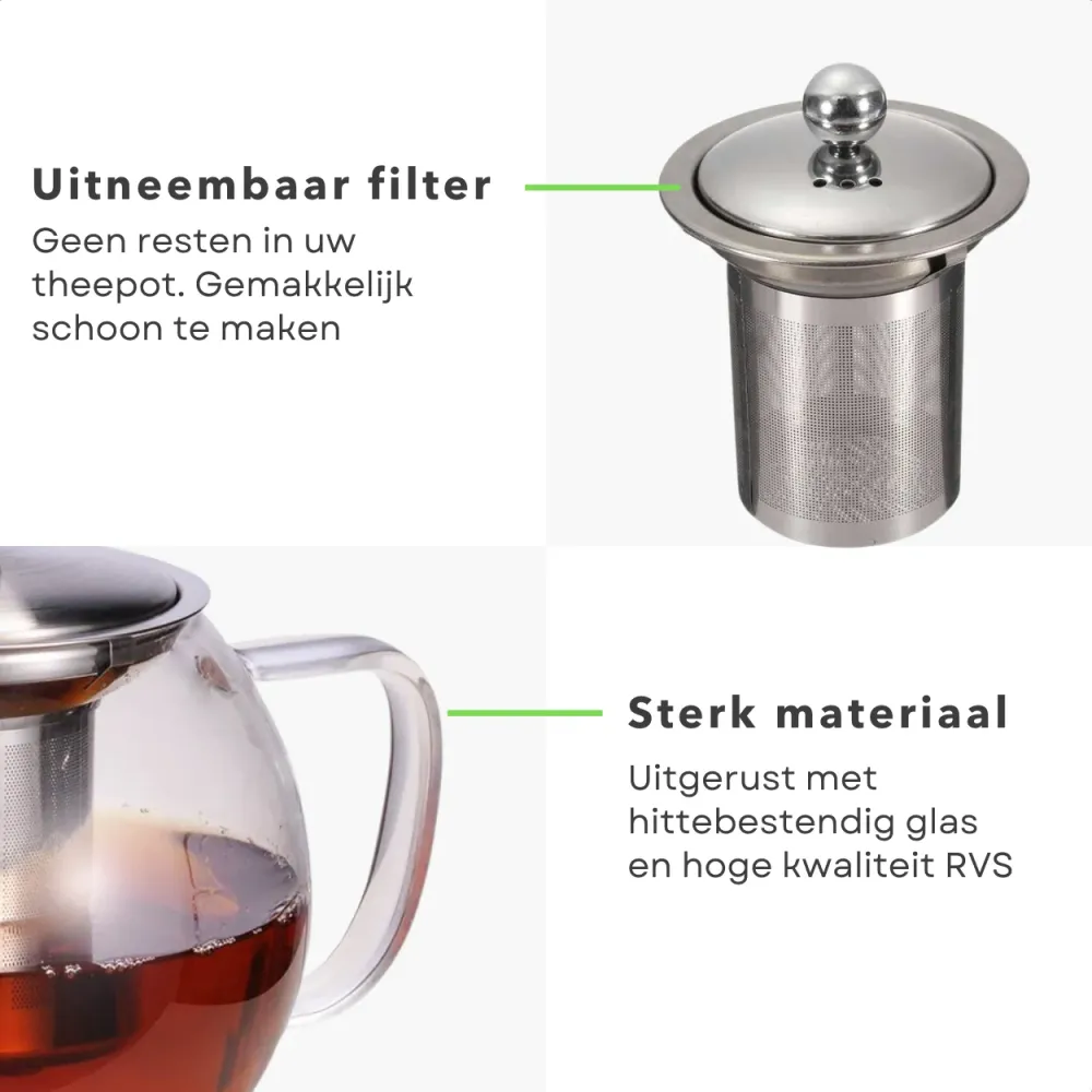 Cheqo® Theepot met Filter - Uitneembaar Filter - 1.2 liter - RVS
