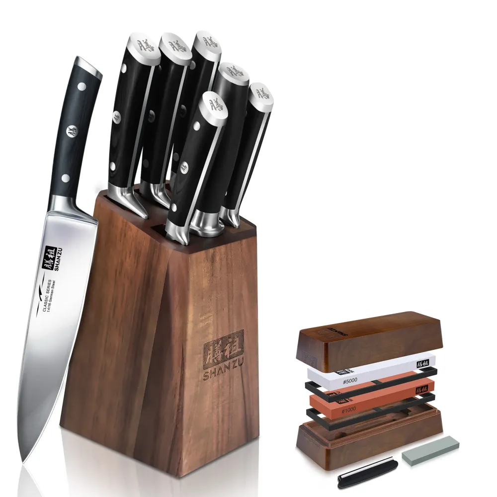 Ergonomische Hark Nakiri Knife Set | 7-piece German Staalsoort Knife Block + Sharpening Stone