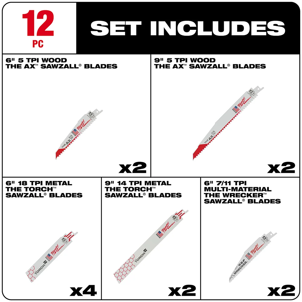 MILWAUKEE 12 PC. SAWZALL® Demolition Blade Set