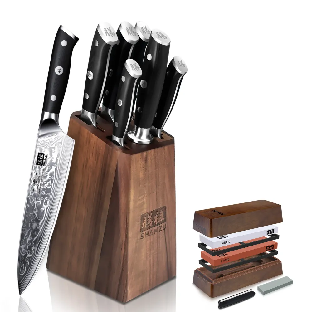 SHAN ZU PRO | Damascus Knife Block 7-Pcs+ Sharpening Stone voor Kleine Ruimtes