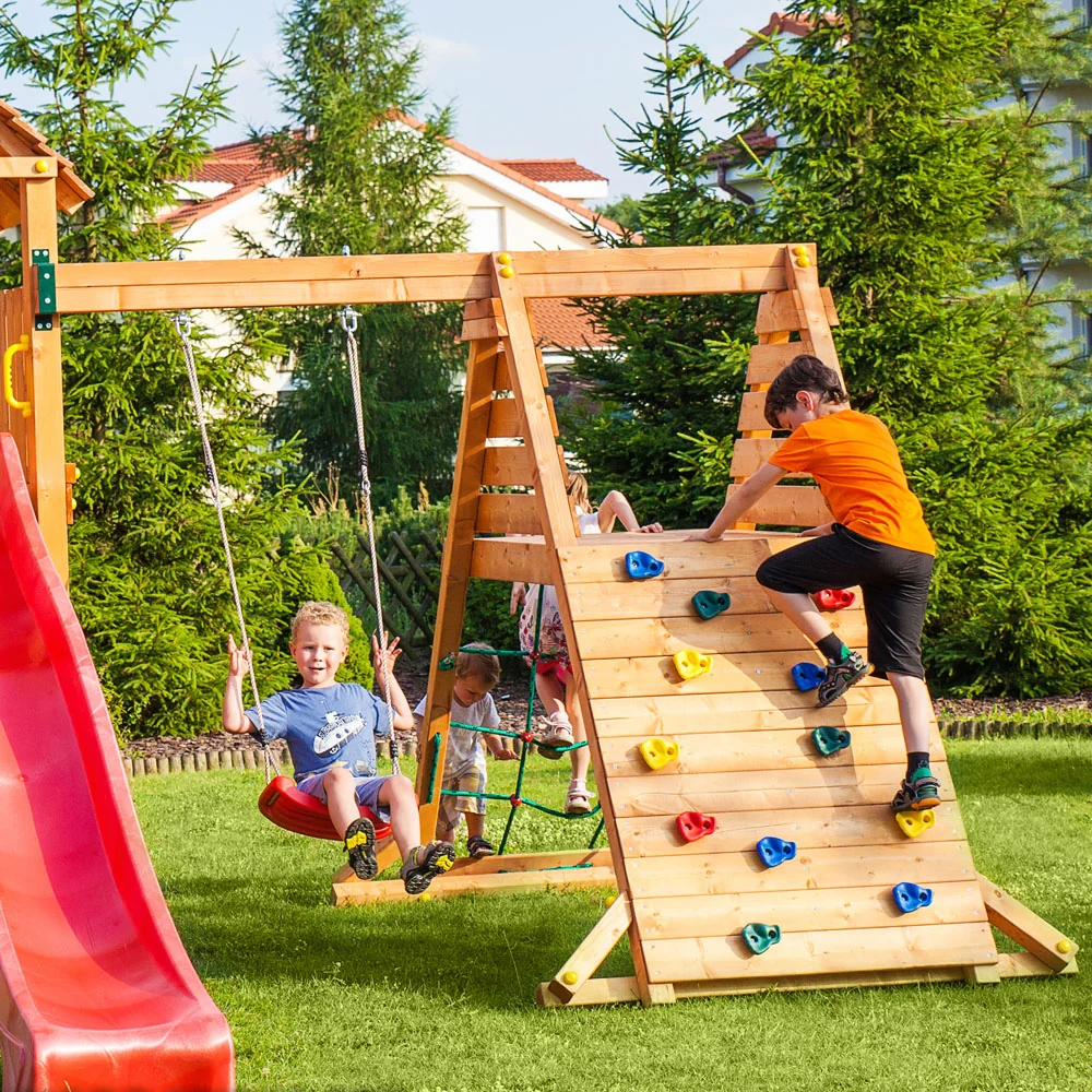 Teak color swing extension module climbing wall