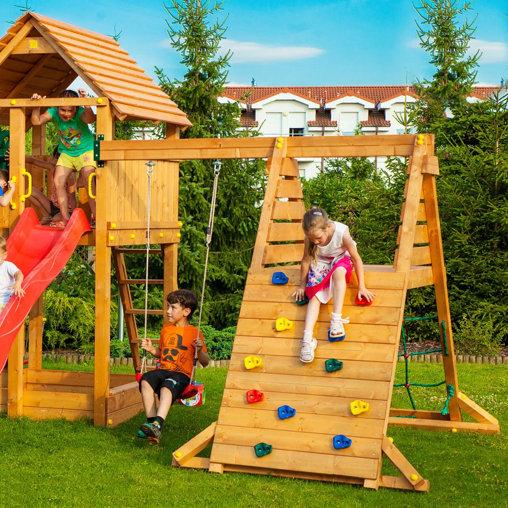 Teak color swing extension module climbing wall