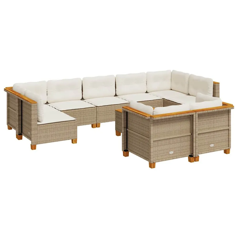 10-delige Loungeset met kussens poly rattan lichtbruin Teak Metalen Frame