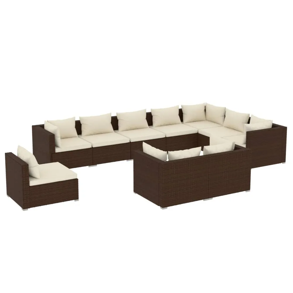 10-delige Loungeset met kussens poly rattan bruin met Verstelbare Rugleuning