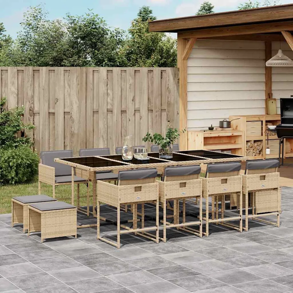 13-delige Tuinset met kussens poly rattan gemengd lichtbruin