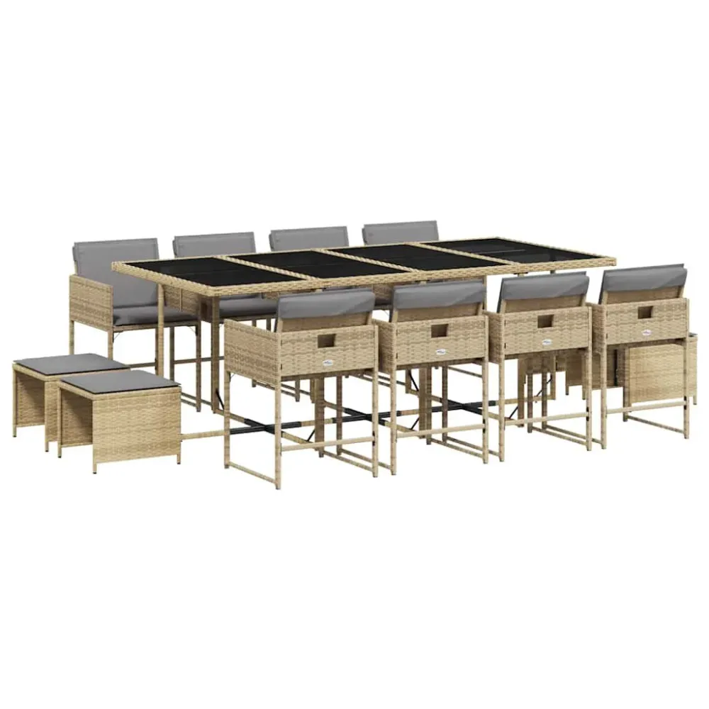 13-delige Tuinset met kussens poly rattan gemengd lichtbruin