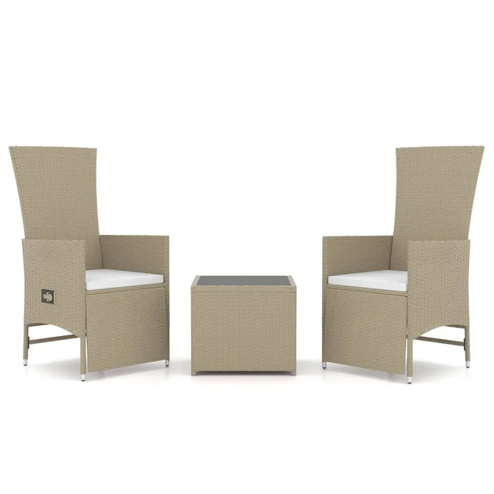 3-delige Loungeset poly rattan en staal ecru