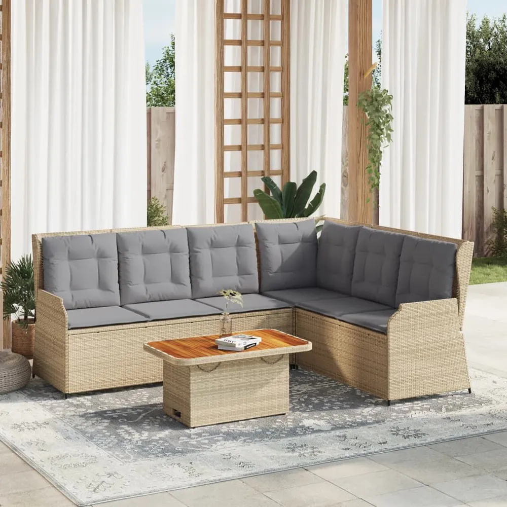 5-delige Loungeset met kussens poly rattan ecru