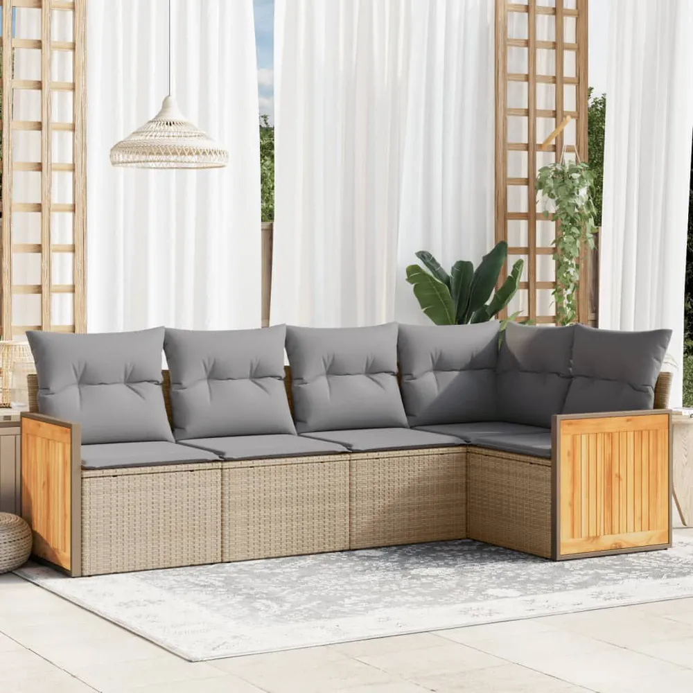 5-delige Loungeset met kussens poly rattan ecru