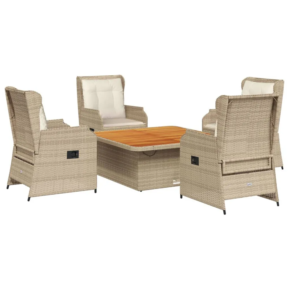 5-delige Loungeset met kussens poly rattan ecru
