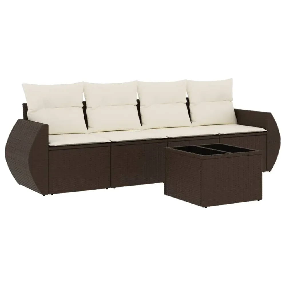 5-delige Loungeset met kussens poly rattan bruin met Geïntegreerde Armleuning
