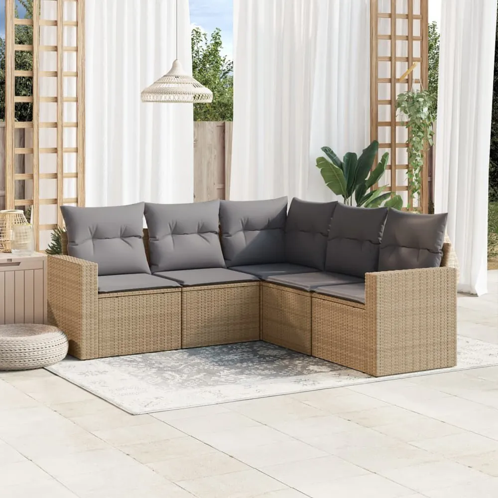 5-delige Loungeset met kussens poly rattan natuurtint