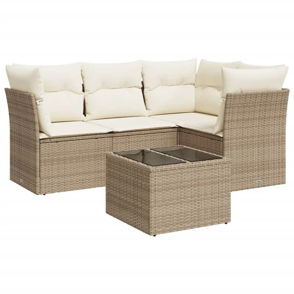 5-delige Loungeset met kussens poly rattan natuurtint - Snel Thuisbezorgd
