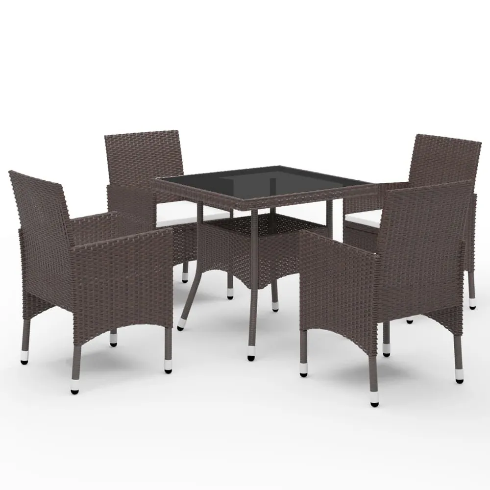 5-delige Tuinset poly rattan en glas bruin met Inklapbaar Onderstel