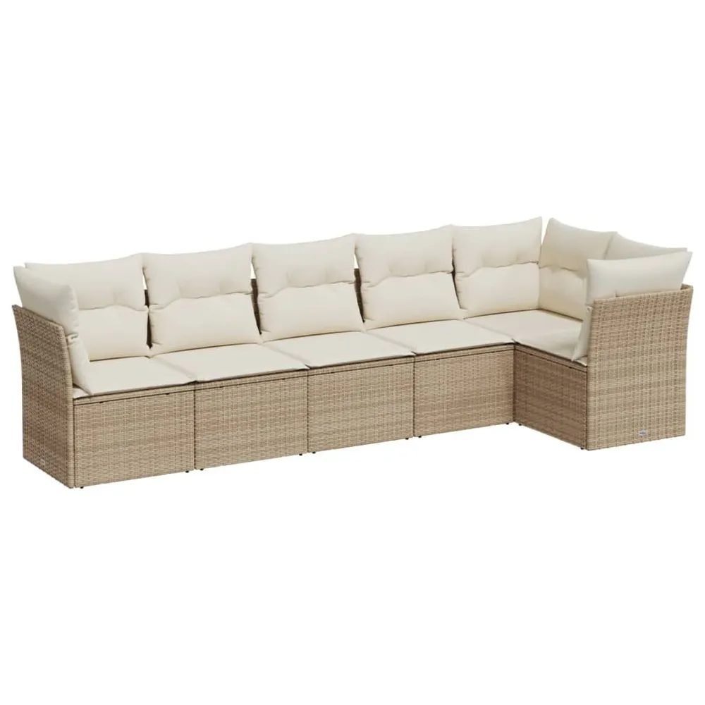 6-delige Loungeset met kussens poly rattan natuurtint