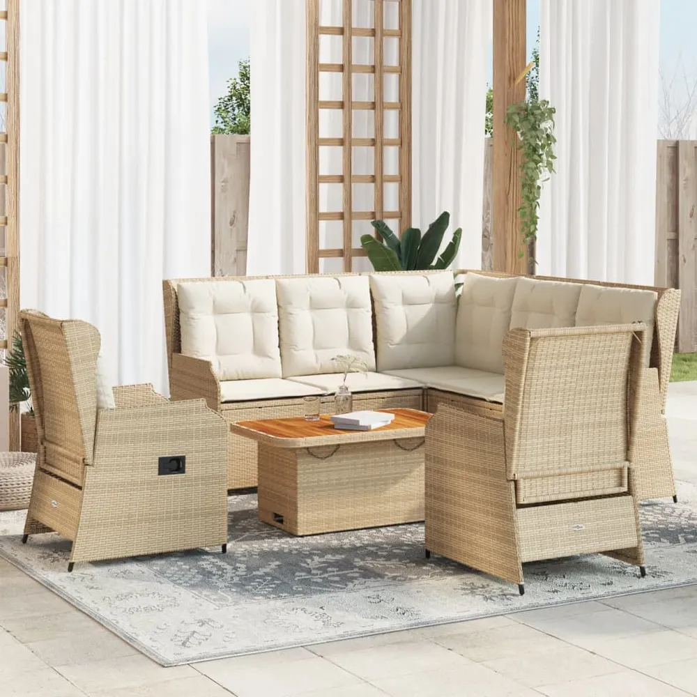 6-delige Loungeset met kussens poly rattan ecru