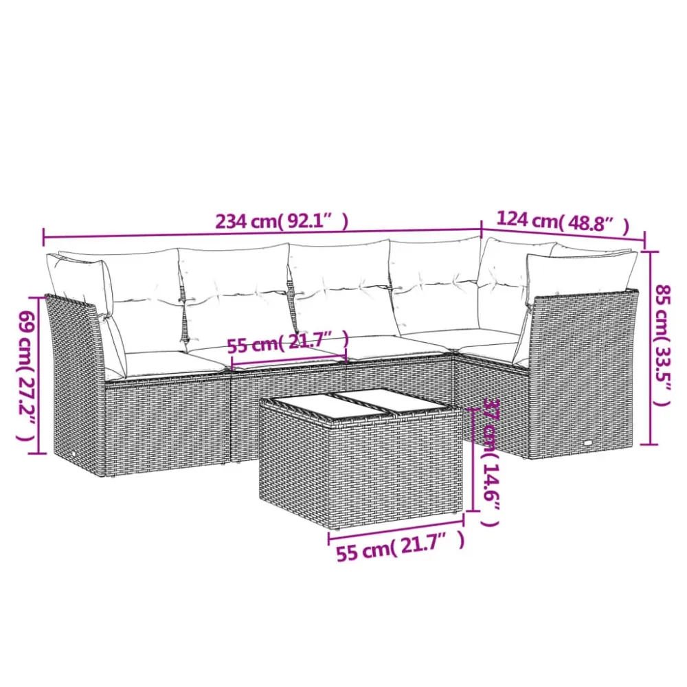 6-delige Loungeset met kussens poly rattan ecru voor Terras Zwembad