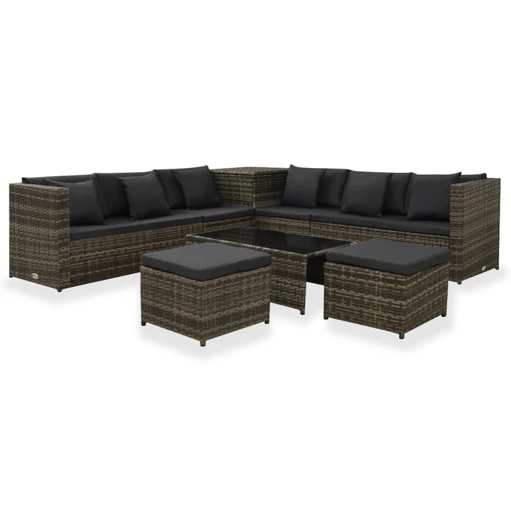 8-delige Loungeset met kussens poly rattan grijs met Inklapbaar Onderstel