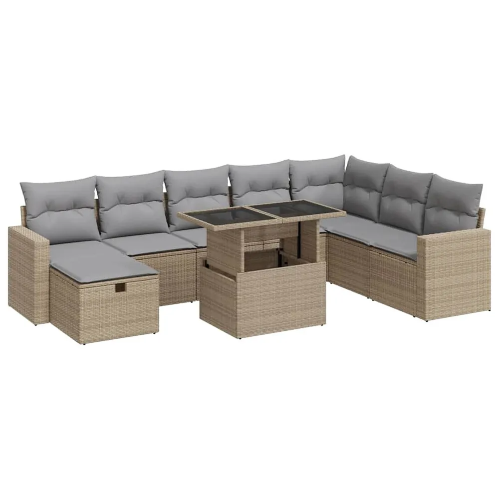 9-delige Loungeset met kussens poly rattan ecru met Hoofdsteun en Lumber Support