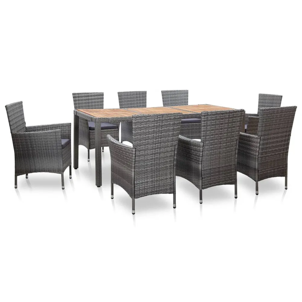 9-delige Tuinset met kussens poly rattan grijs met Inklapbaar Onderstel