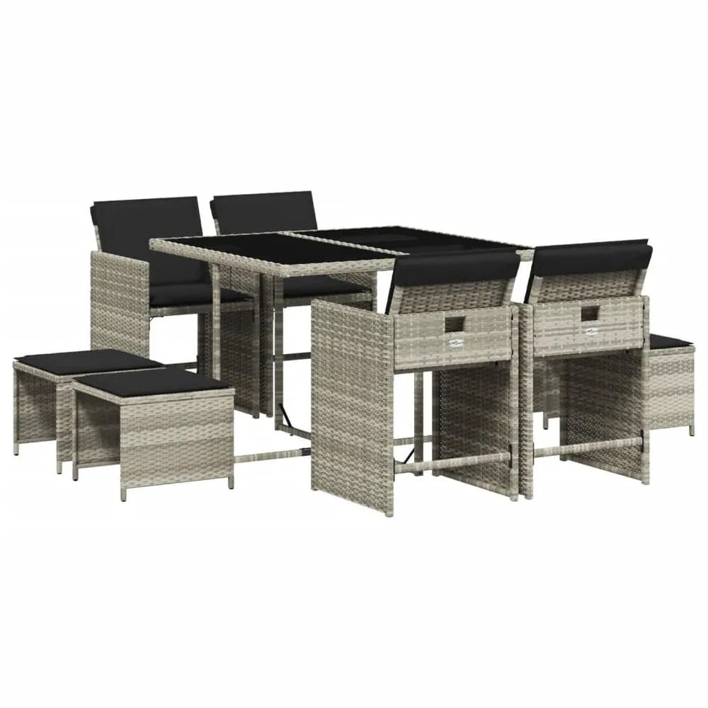 9-delige Tuinset met kussens poly rattan lichtgrijs Teak Metalen Frame