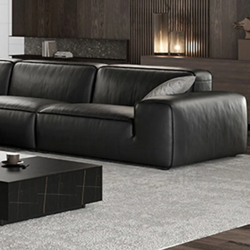 Black Genuine Lederen Sectionals 30.7" H Square Arm Sectional Sofa Set