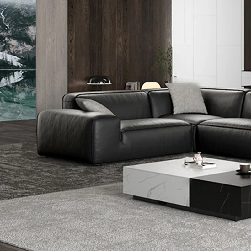 Black Genuine Lederen Sectionals 30.7" H Square Arm Sectional Sofa Set
