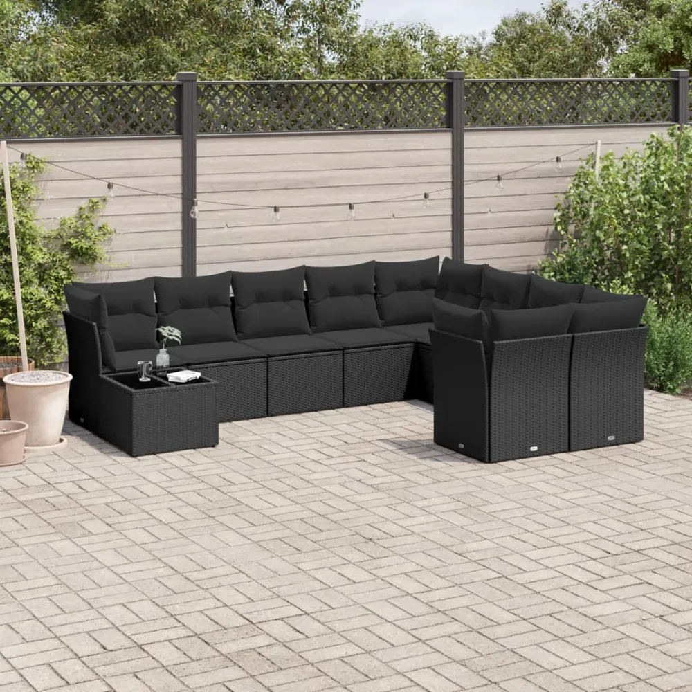 Design 10-delige Loungeset met kussens poly rattan zwart