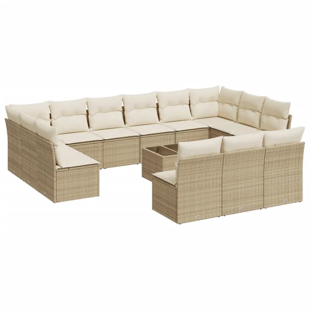 Klap- 14-delige Loungeset met kussens poly rattan natuurtint