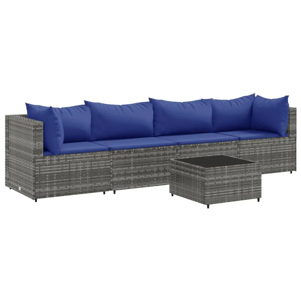 Klap- 5-delige Loungeset met kussens poly rattan grijs