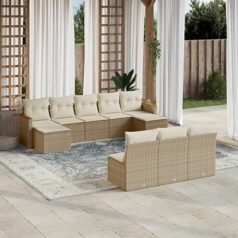 Lig- 10-delige Loungeset met kussens poly rattan ecru