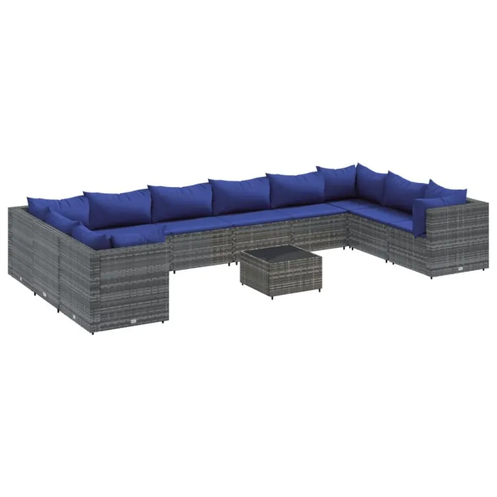 Lig- 11-delige Loungeset met kussens poly rattan grijs