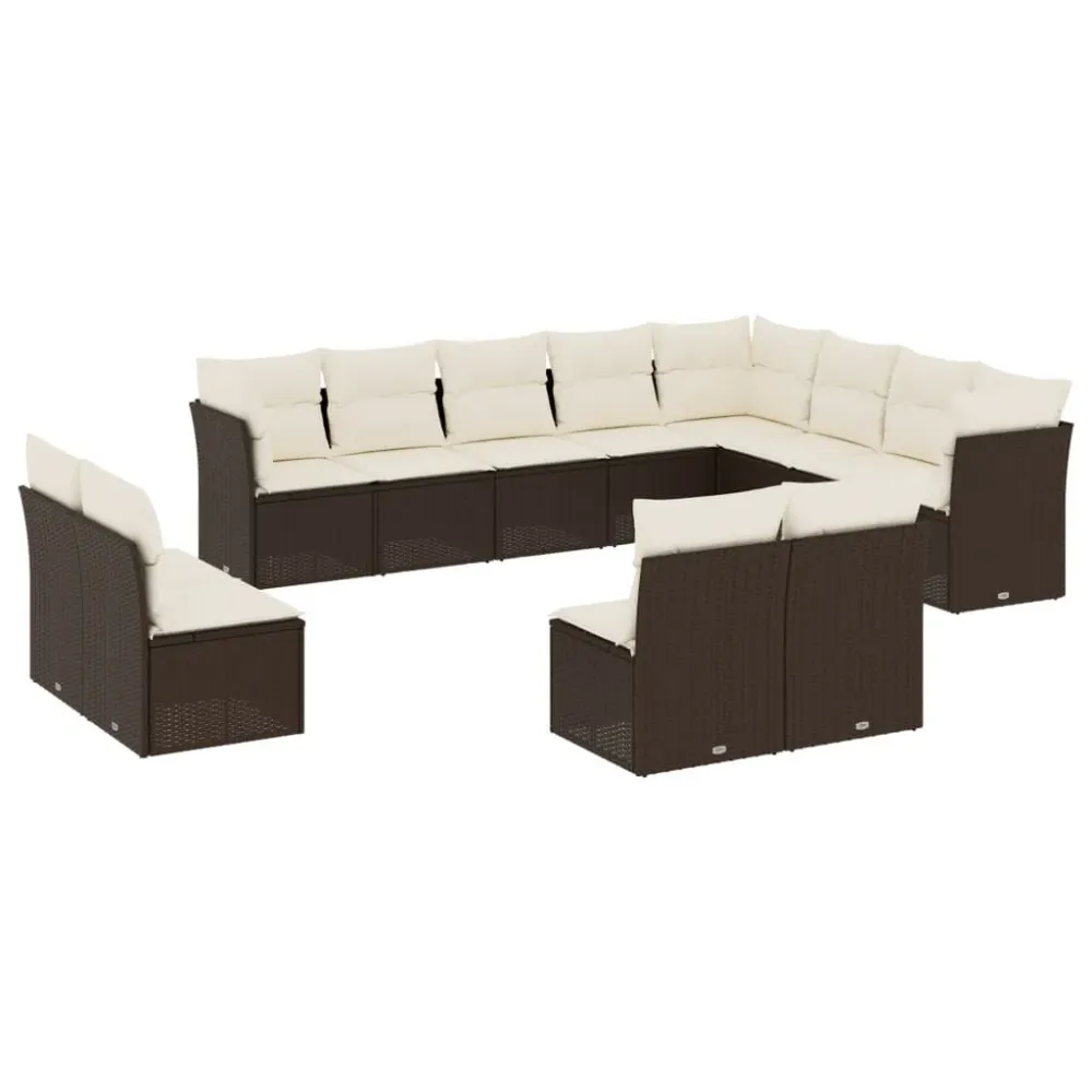 Lig- 12-delige Loungeset met kussens poly rattan bruin