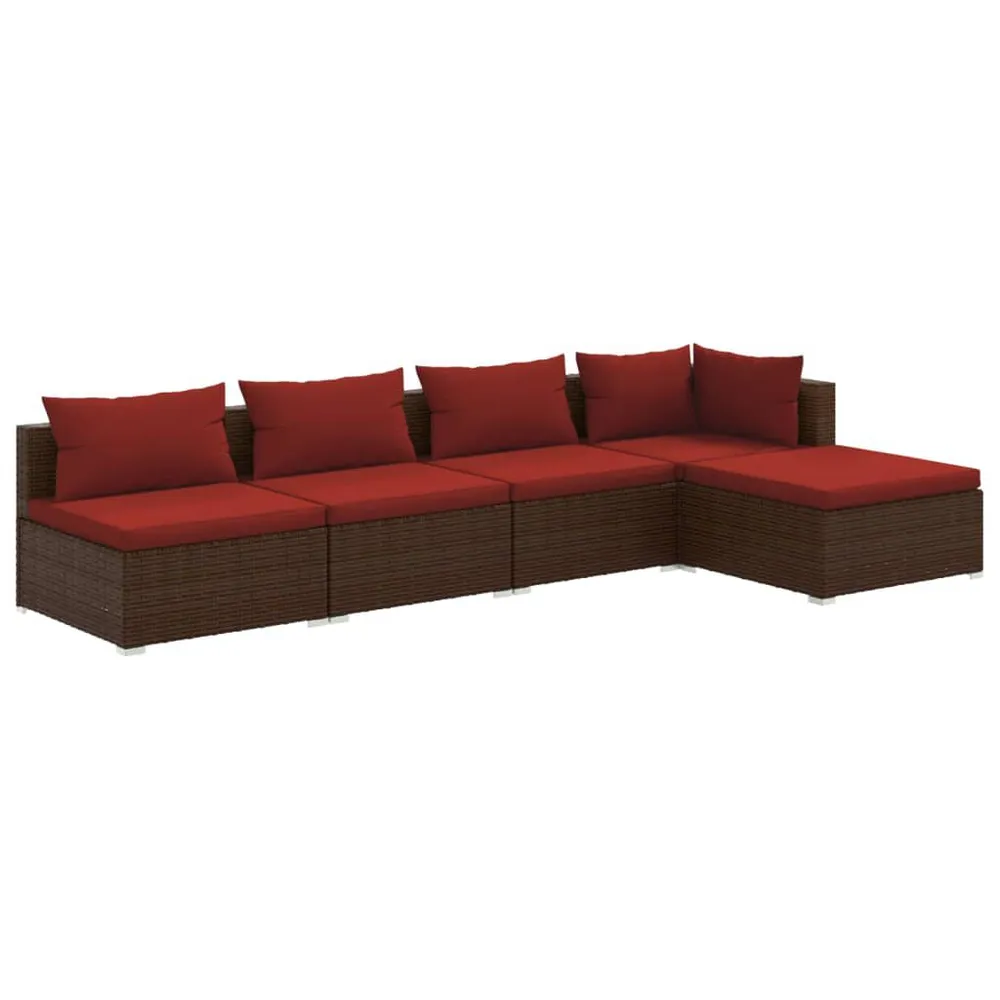 Lig- 5-delige Loungeset met kussens poly rattan bruin