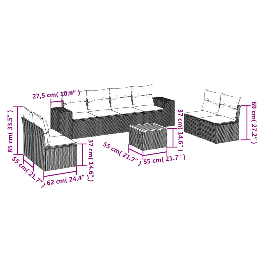 Lig- 9-delige Loungeset met kussens poly rattan grijs