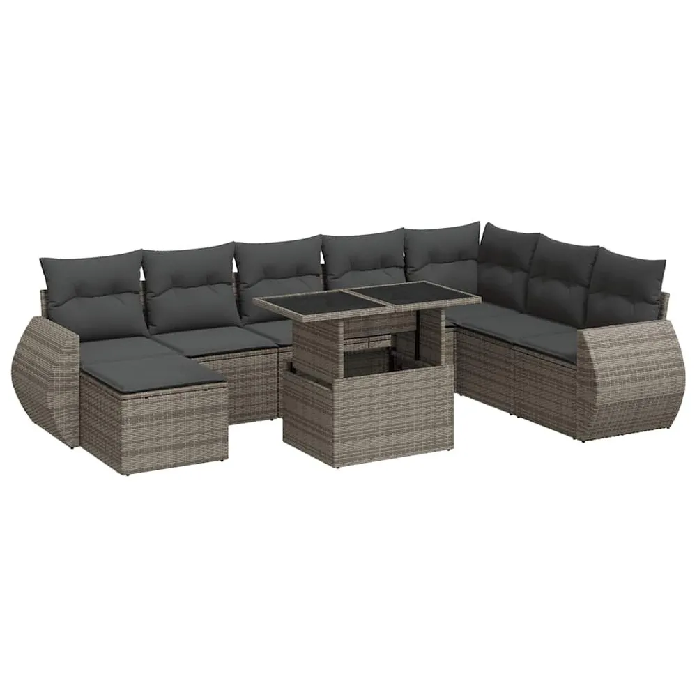 Lig- 9-delige Loungeset met kussens poly rattan grijs