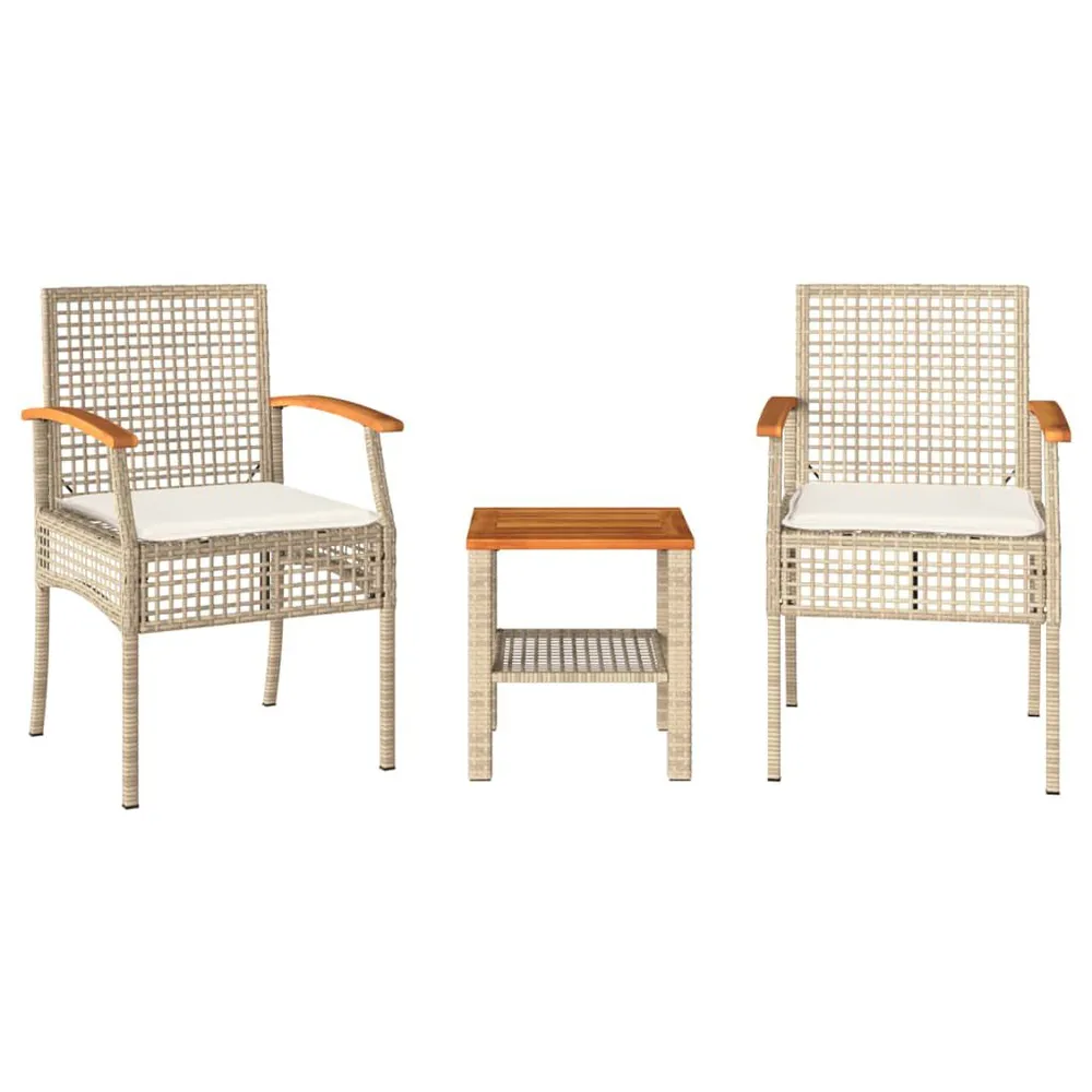 Premium Weerbestendig 3-delige Bistroset met kussens poly rattan en acaciahout lichtbruin