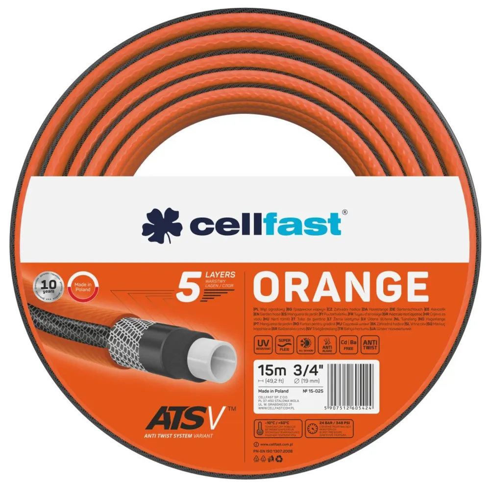 Programmeerbare Sproeier Tuinslang 5 lagen Cellfast Oranje ATSV 3/4" 15m