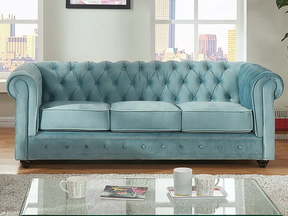 Driezitsbank CHESTERFIELD - fluweel - pastel blauw