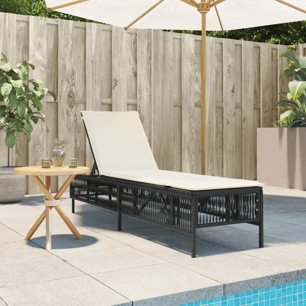 Ligbed met kussen poly rattan zwart