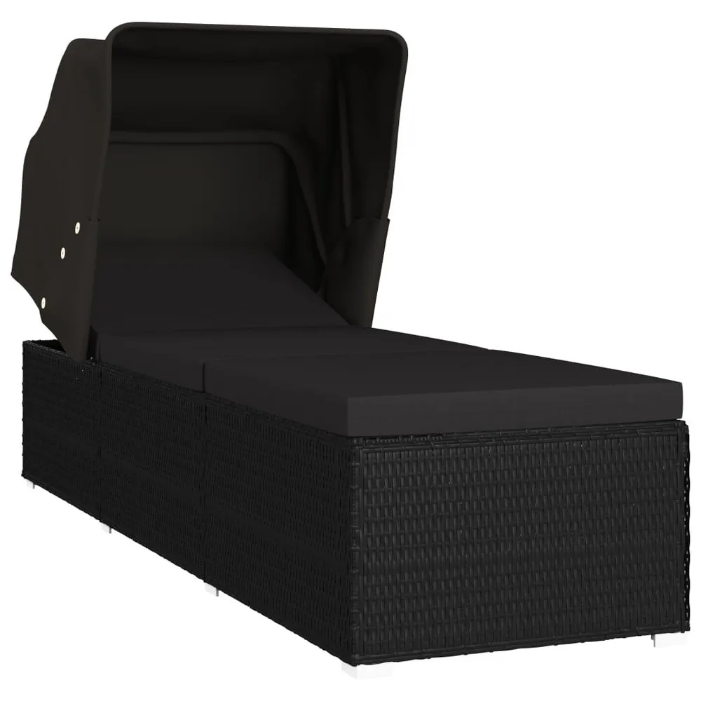 Ligbed met luifel en kussen poly rattan zwart