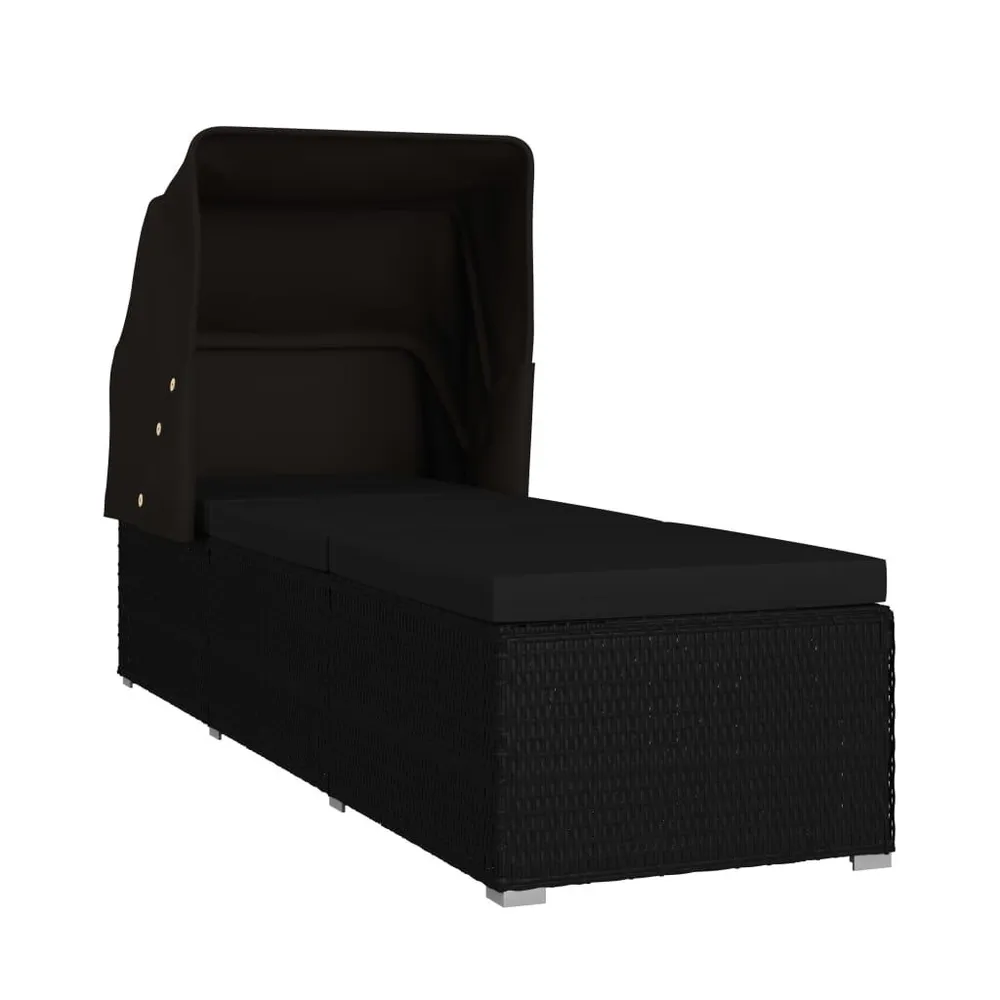 Ligbed met luifel en kussen poly rattan zwart