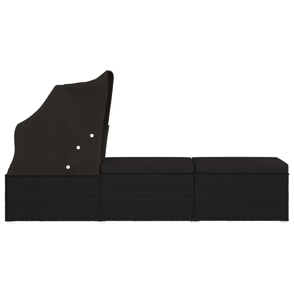 Ligbed met luifel en kussen poly rattan zwart