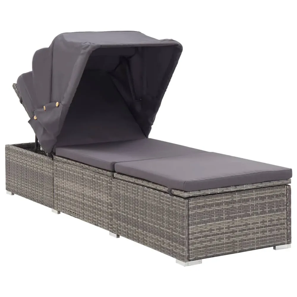 Ligbed met luifel en kussen poly rattan grijs