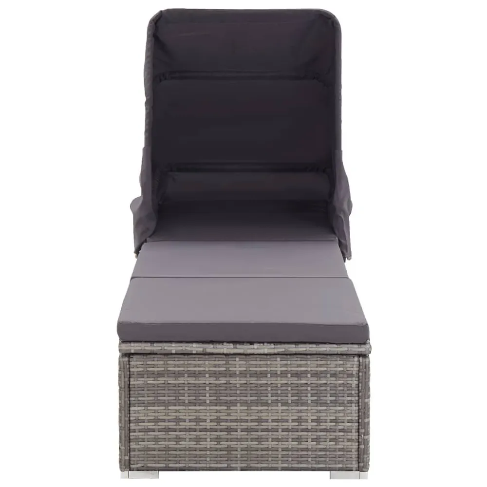 Ligbed met luifel en kussen poly rattan grijs